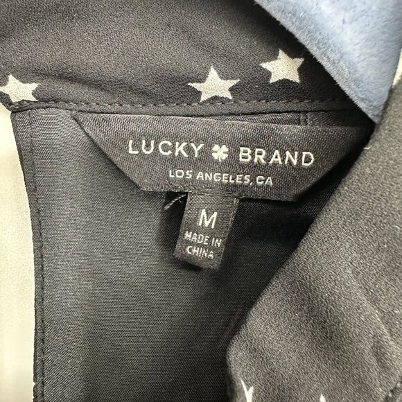 Lucky Brand Star Print Mini Dress M Long Bell Sleeves A Line Black - Picture 4 of 12